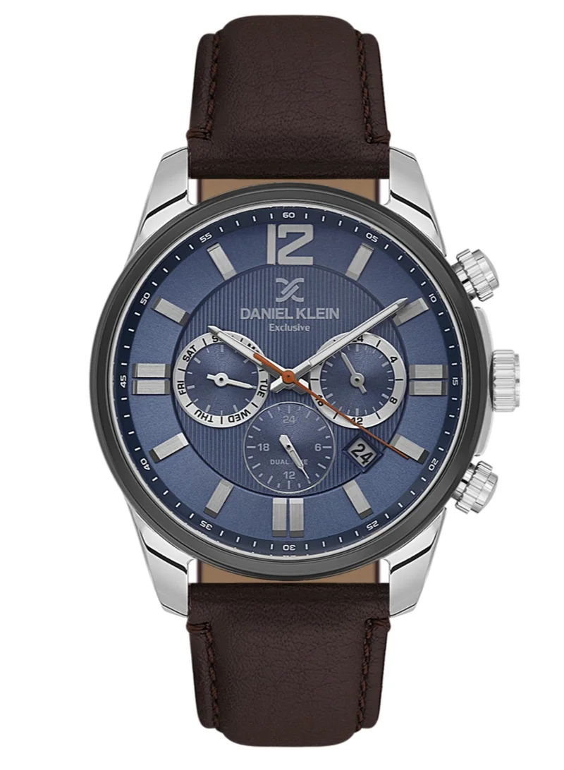 DANIEL KLEIN Men's Leather Silver and Black Alloy Case Analog Blue Round Emboss Dial Japanese Quartz Exclusive 50 Meters Water Resistant